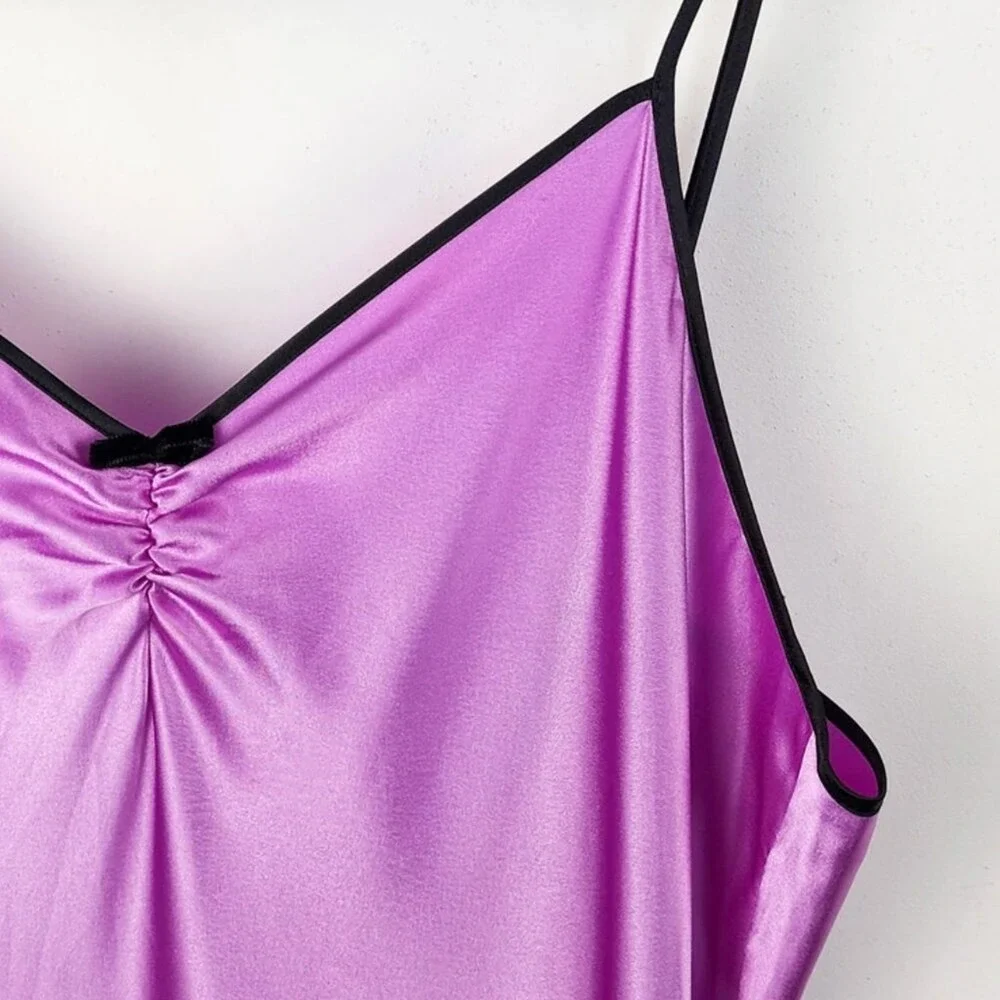 Betsey‎ Johnson Satin Slip Dress Purple Black Trim Chemise Nightgown Lingerie - Picture 4 of 7
